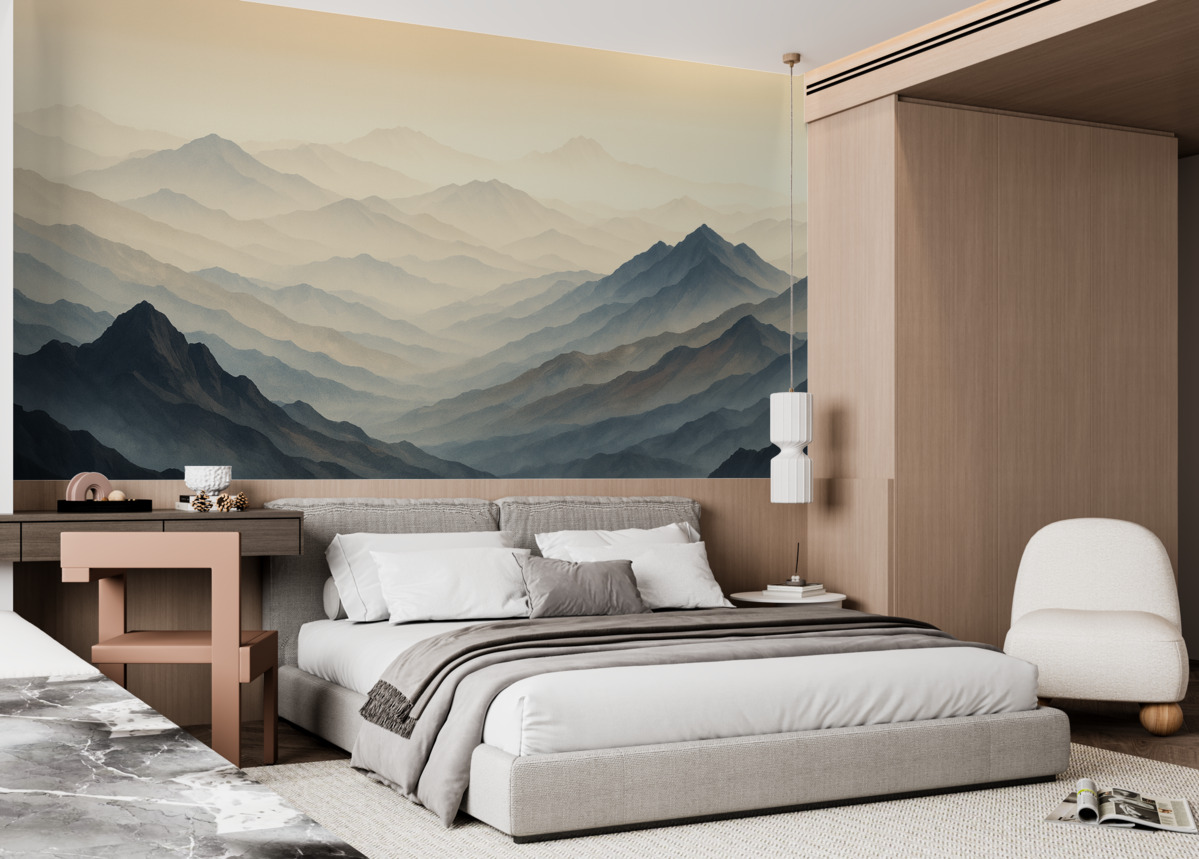 Fototapeta Zamglony pejzaż z górami.