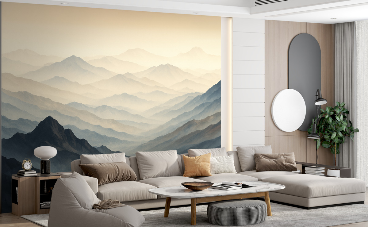 Fototapeta Zamglony pejzaż z górami.