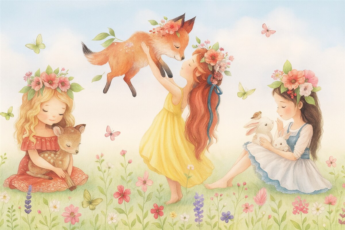 Fototapeta Dziewczęta z urokliwymi leśnymi zwierzętami.