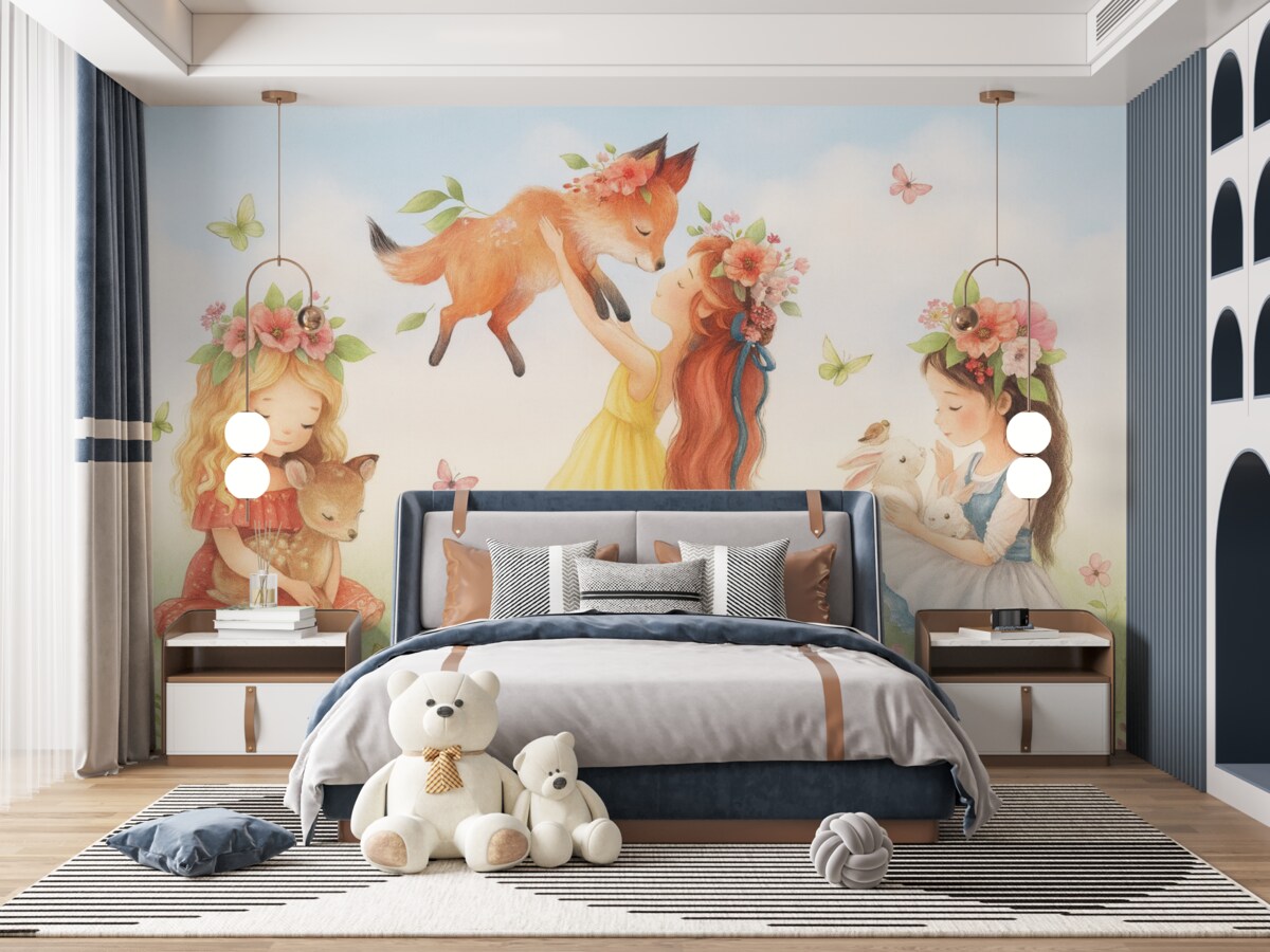 Fototapeta Dziewczęta z urokliwymi leśnymi zwierzętami.