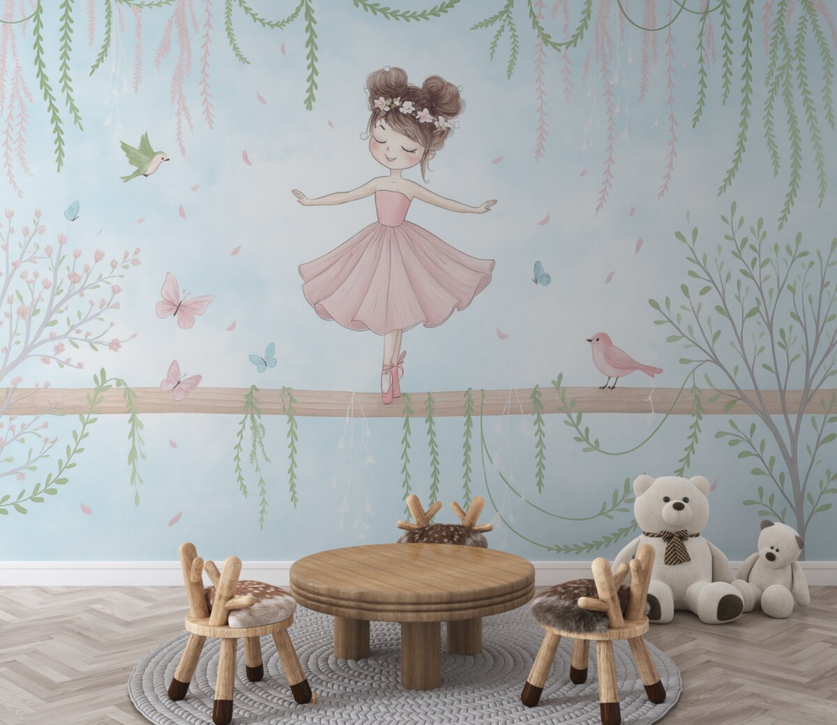 Fototapeta Pejzaż z księżniczką otoczoną ptakami i motylami.