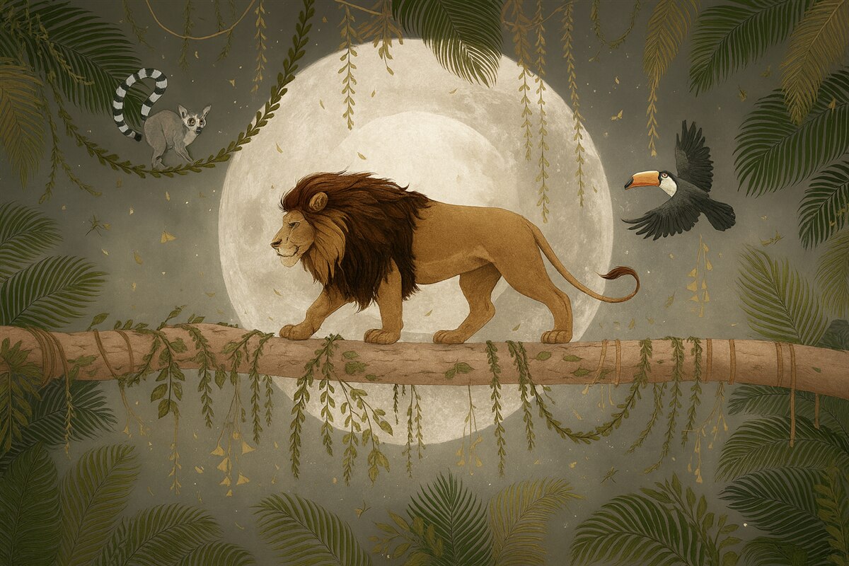 Fototapeta Pejzaż z lwem w tle księżyca.