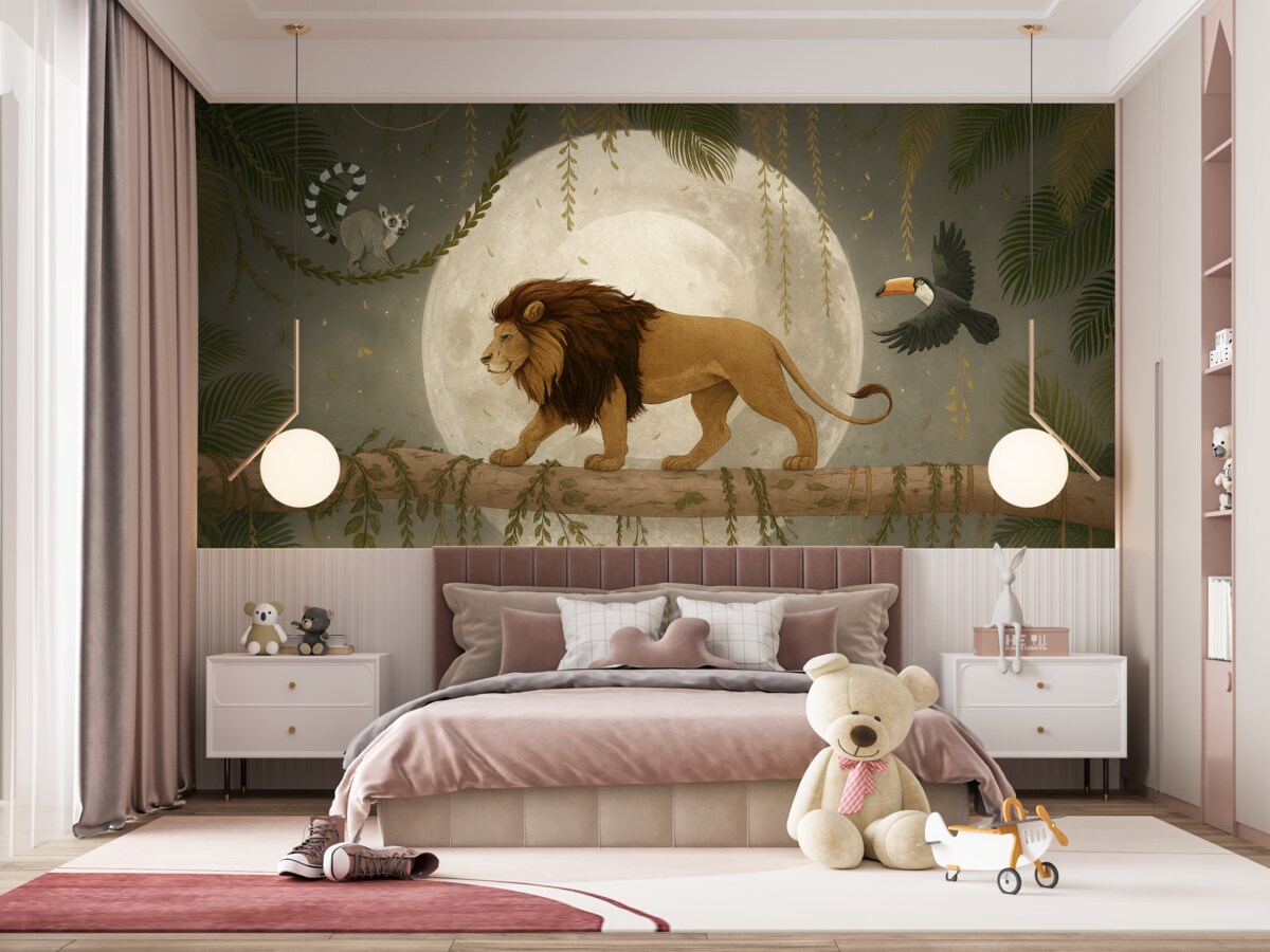 Fototapeta Pejzaż z lwem w tle księżyca.