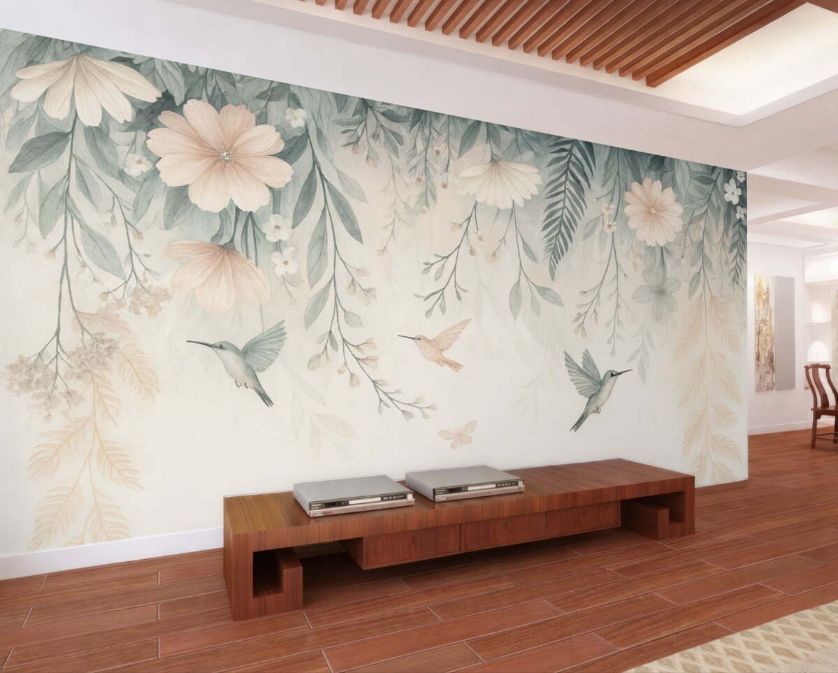 Fototapeta Różowe kwiaty naśladujące technikę malarską opadające z góry.