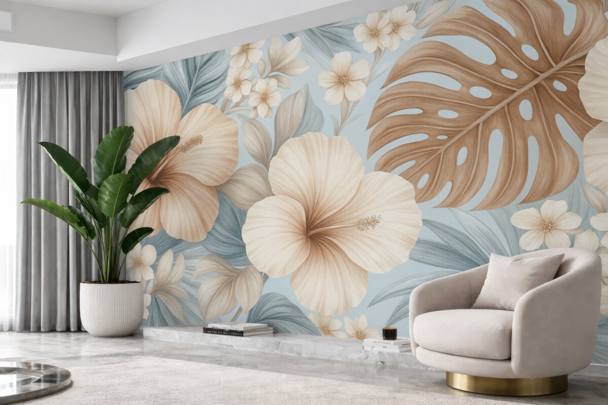 Fototapeta Tropikalny wzór z dużymi liśćmi i kwiatami w stonowanych odcieniach niebieskiego oraz beżu.