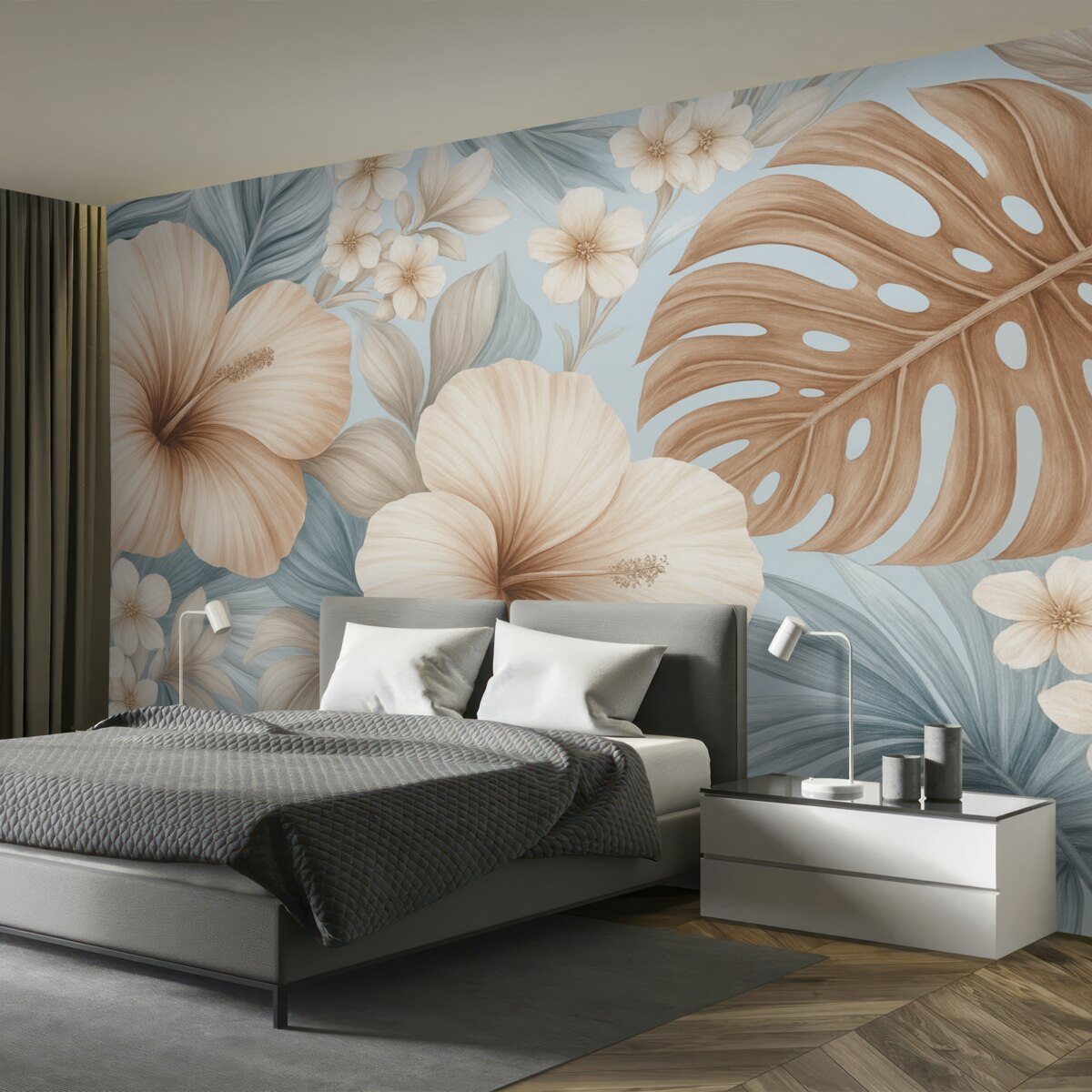 Fototapeta Tropikalny wzór z dużymi liśćmi i kwiatami w stonowanych odcieniach niebieskiego oraz beżu.