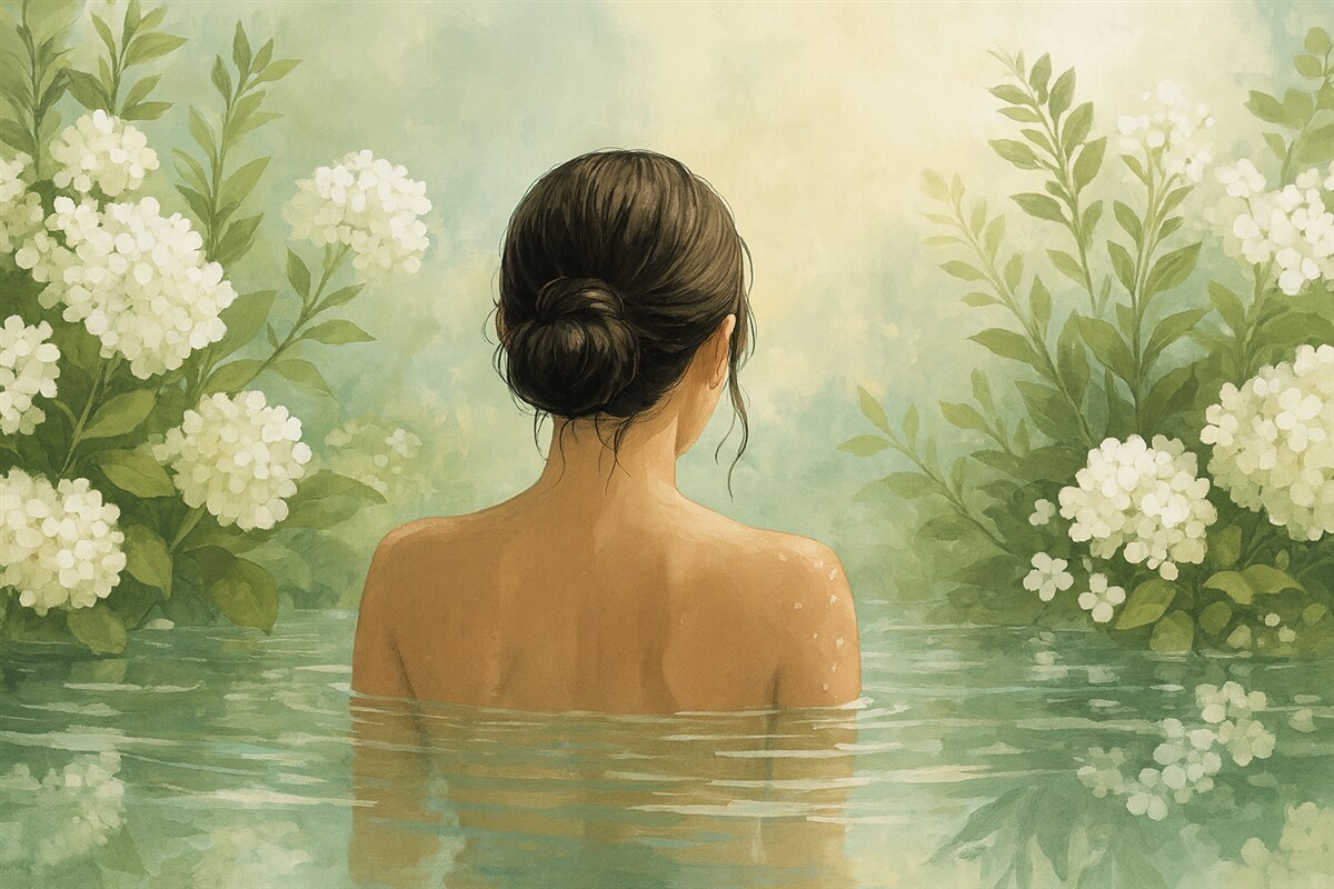 Fototapeta Cicha i marzycielska ilustracja botaniczna ukazująca kobietę relaksującą się w spokojnym, odbijającym światło zbiorniku wodnym, otoczoną gęstą zielenią i subtelnymi białymi kwiatami.