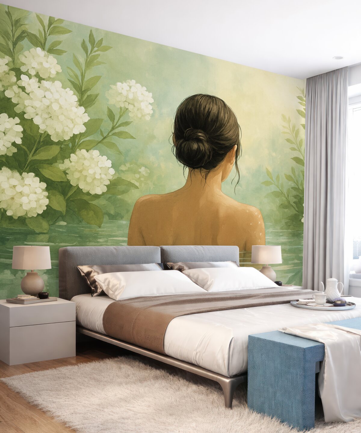 Fototapeta Cicha i marzycielska ilustracja botaniczna ukazująca kobietę relaksującą się w spokojnym, odbijającym światło zbiorniku wodnym, otoczoną gęstą zielenią i subtelnymi białymi kwiatami.