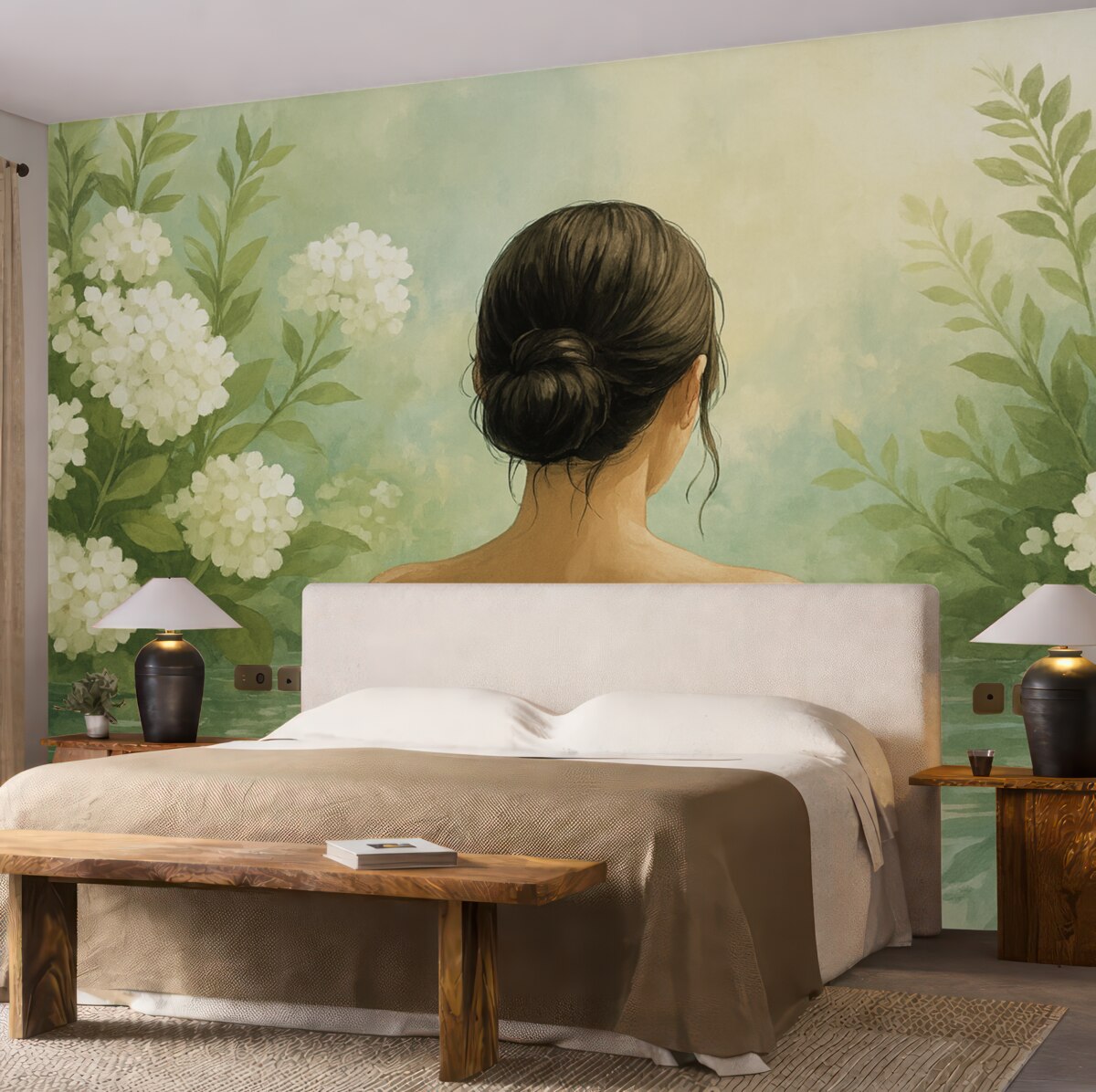 Fototapeta Cicha i marzycielska ilustracja botaniczna ukazująca kobietę relaksującą się w spokojnym, odbijającym światło zbiorniku wodnym, otoczoną gęstą zielenią i subtelnymi białymi kwiatami.