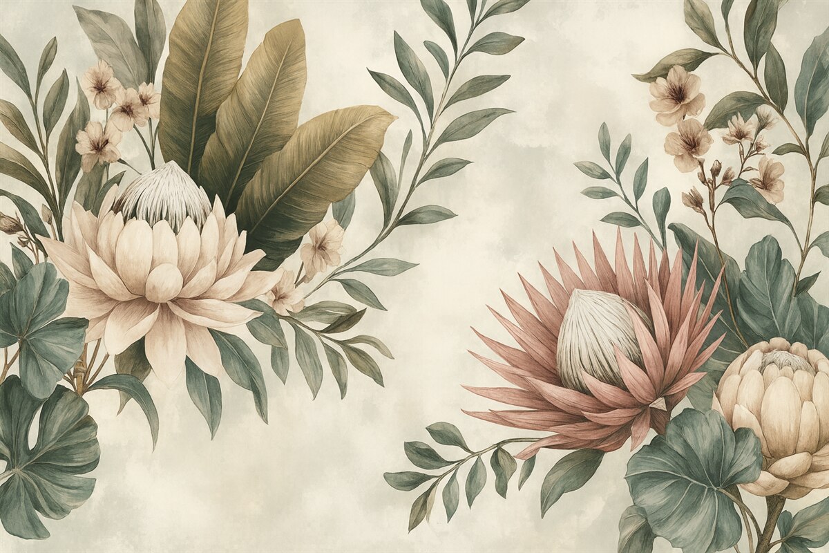 Fototapeta Egzotyczne rośliny, palmy i kwi stylizowane na vintage.