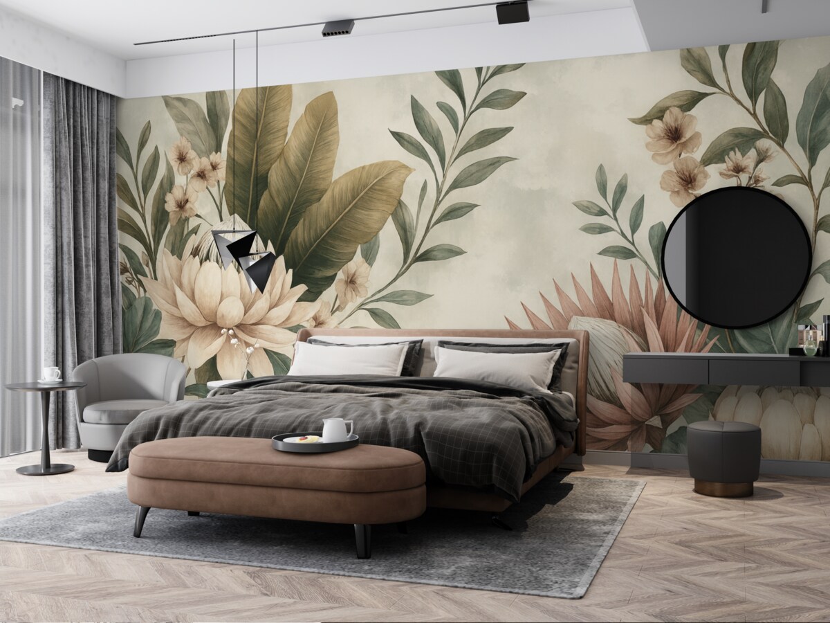 Fototapeta Egzotyczne rośliny, palmy i kwi stylizowane na vintage.