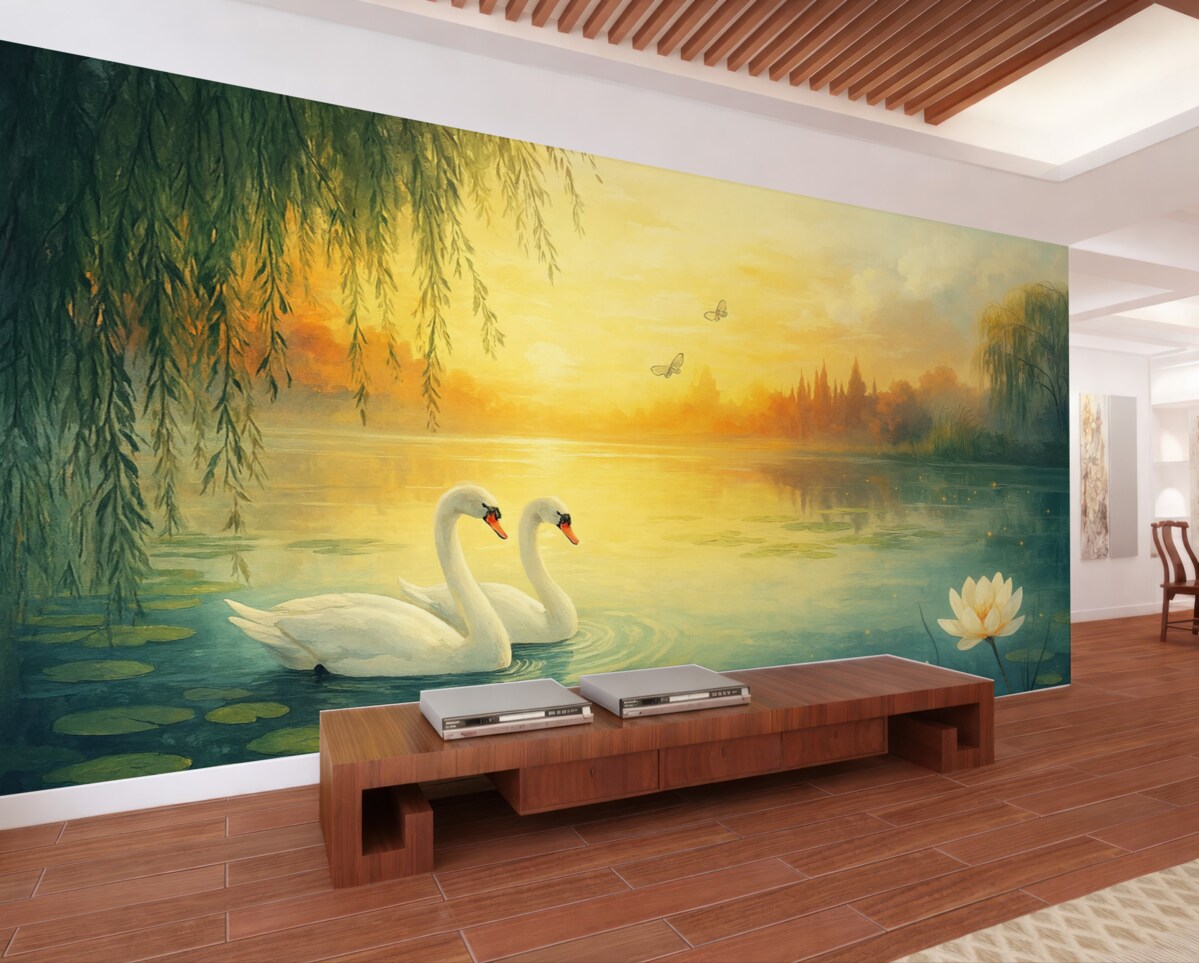 Fototapeta Romantyczny pejzaż w stylu sztuki olejnej z dwoma białymi łabędziami na wodzie.