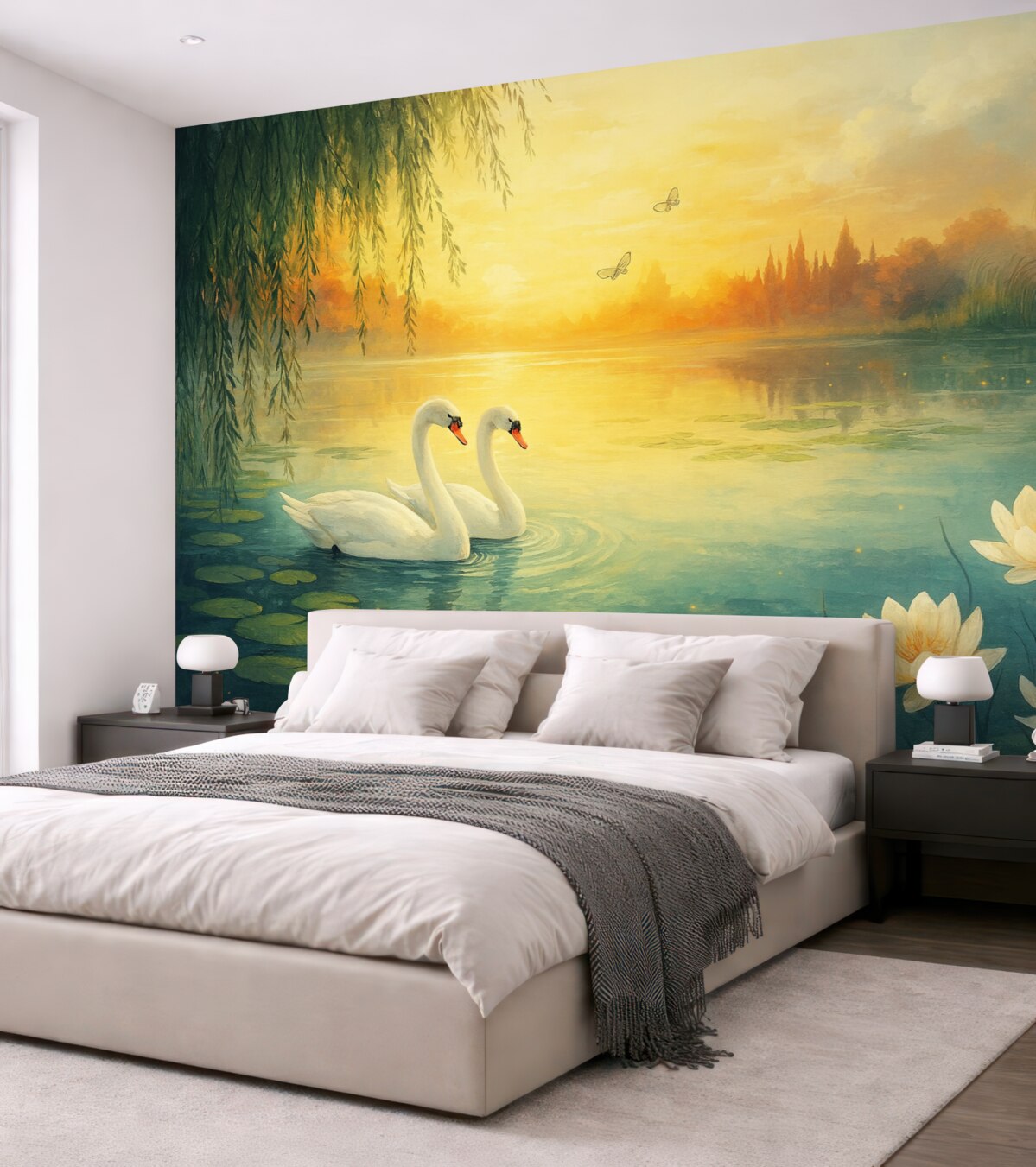 Fototapeta Romantyczny pejzaż w stylu sztuki olejnej z dwoma białymi łabędziami na wodzie.