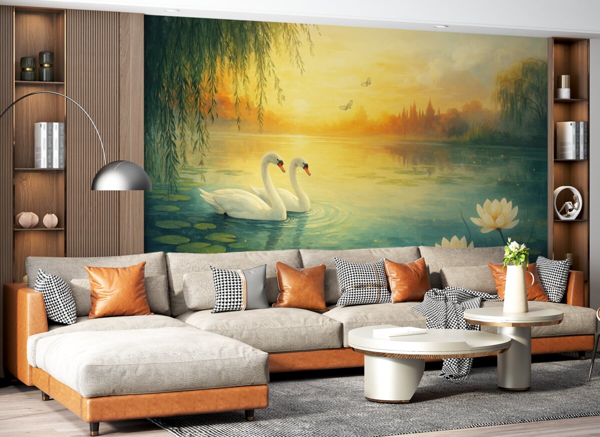 Fototapeta Romantyczny pejzaż w stylu sztuki olejnej z dwoma białymi łabędziami na wodzie.