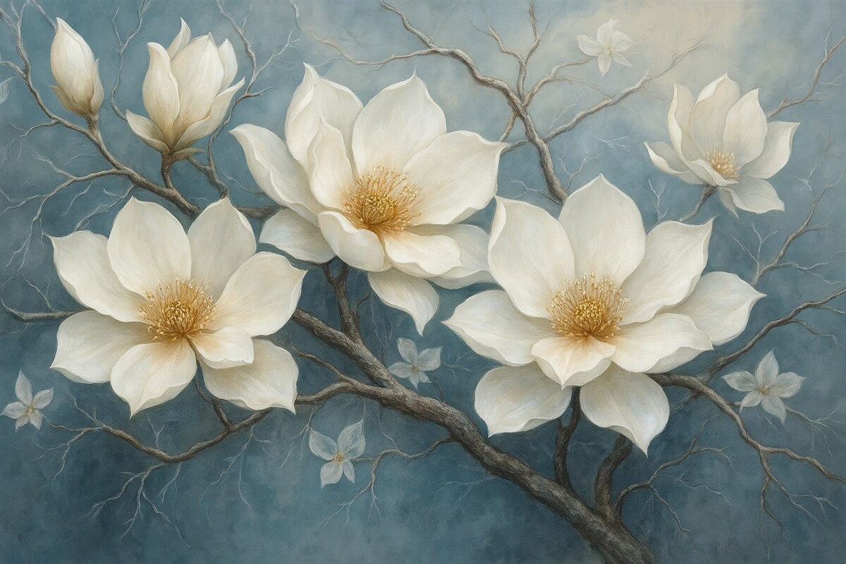 Fototapeta Lodowate białe kwiaty na niebieskim tle w technice malarstwa olejnego.