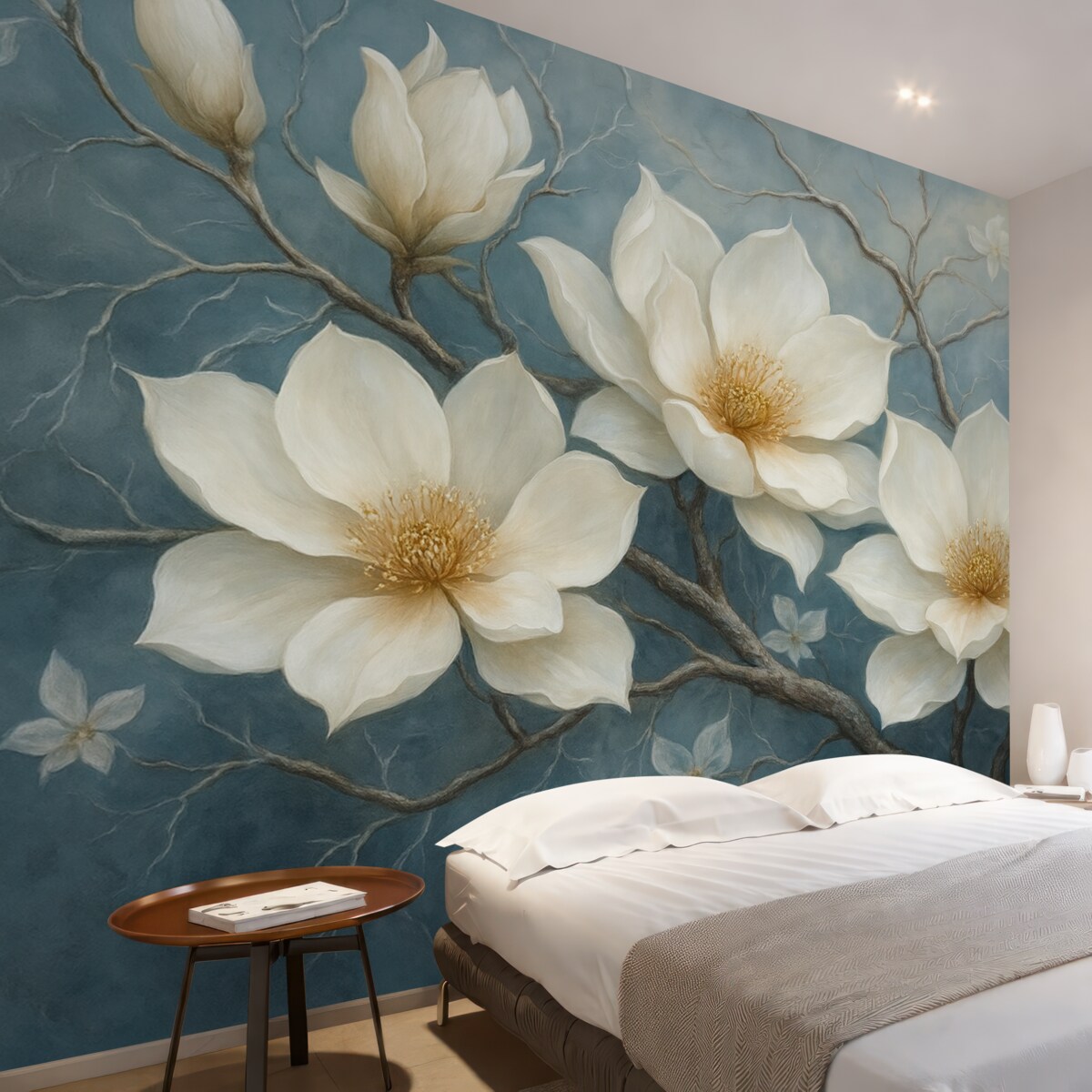 Fototapeta Lodowate białe kwiaty na niebieskim tle w technice malarstwa olejnego.