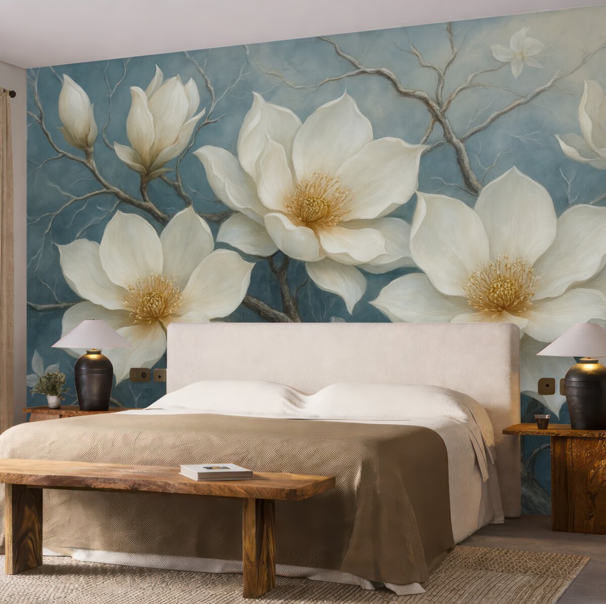 Fototapeta Lodowate białe kwiaty na niebieskim tle w technice malarstwa olejnego.