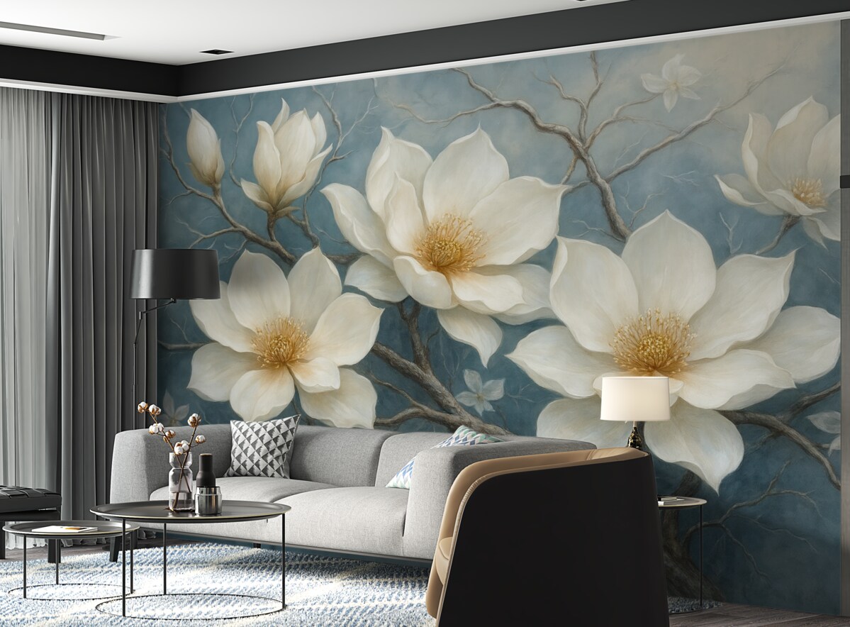 Fototapeta Lodowate białe kwiaty na niebieskim tle w technice malarstwa olejnego.