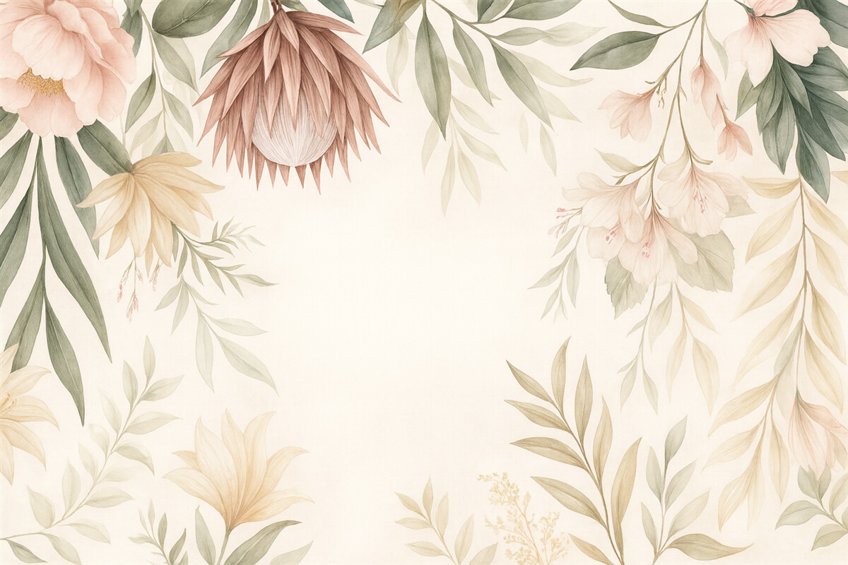 Fototapeta Kwiat protei pośród różnych liści oraz roślin w ciepłych tonacjach beżu i zieleni.