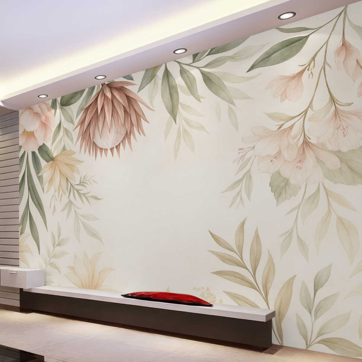 Fototapeta Kwiat protei pośród różnych liści oraz roślin w ciepłych tonacjach beżu i zieleni.