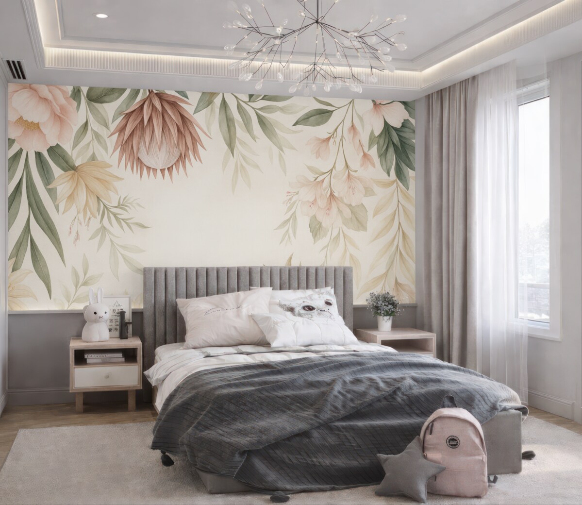 Fototapeta Kwiat protei pośród różnych liści oraz roślin w ciepłych tonacjach beżu i zieleni.