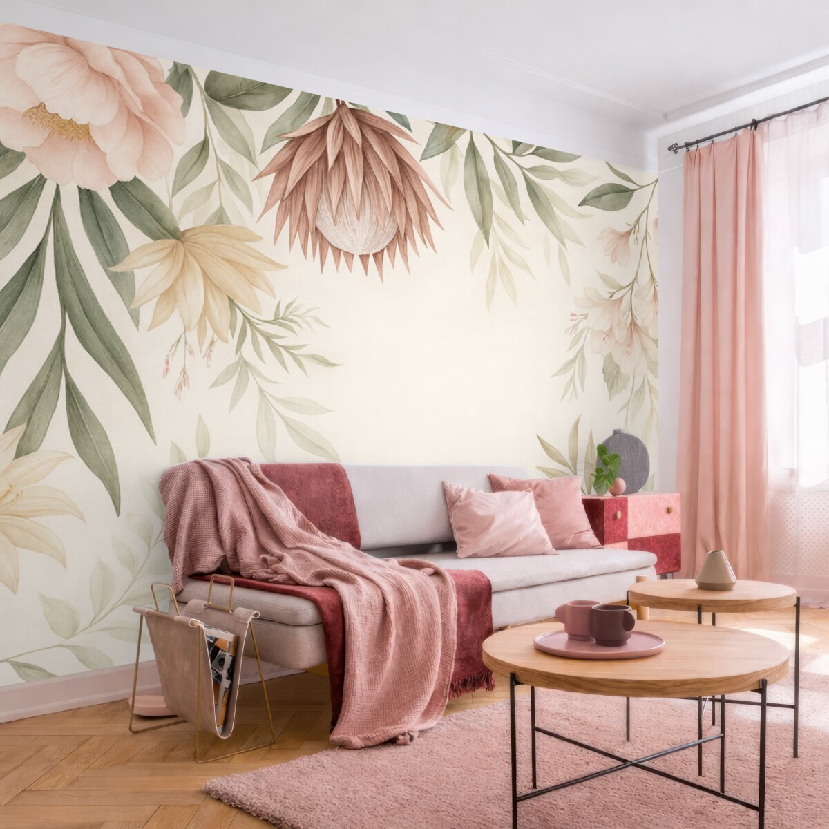 Fototapeta Kwiat protei pośród różnych liści oraz roślin w ciepłych tonacjach beżu i zieleni.