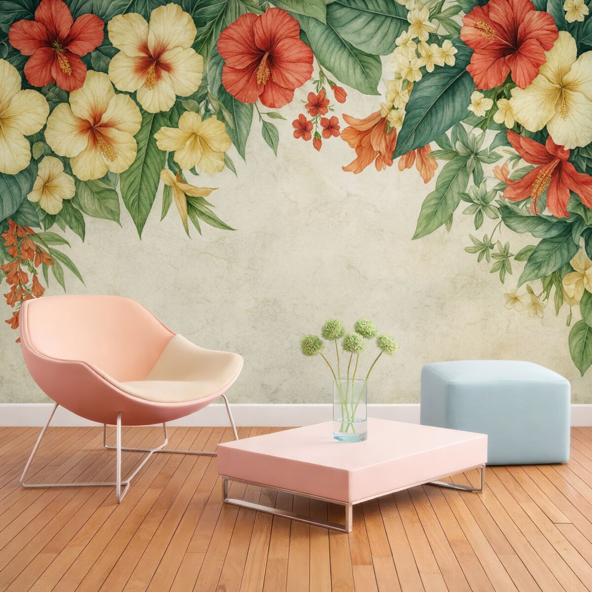 Fototapeta Tropikalne kwiaty oraz rośliny zwisające z góry na wzorzystym tle.