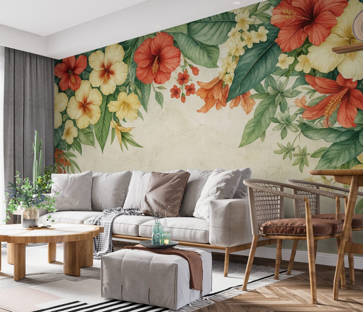 Fototapeta Tropikalne kwiaty oraz rośliny zwisające z góry na wzorzystym tle.