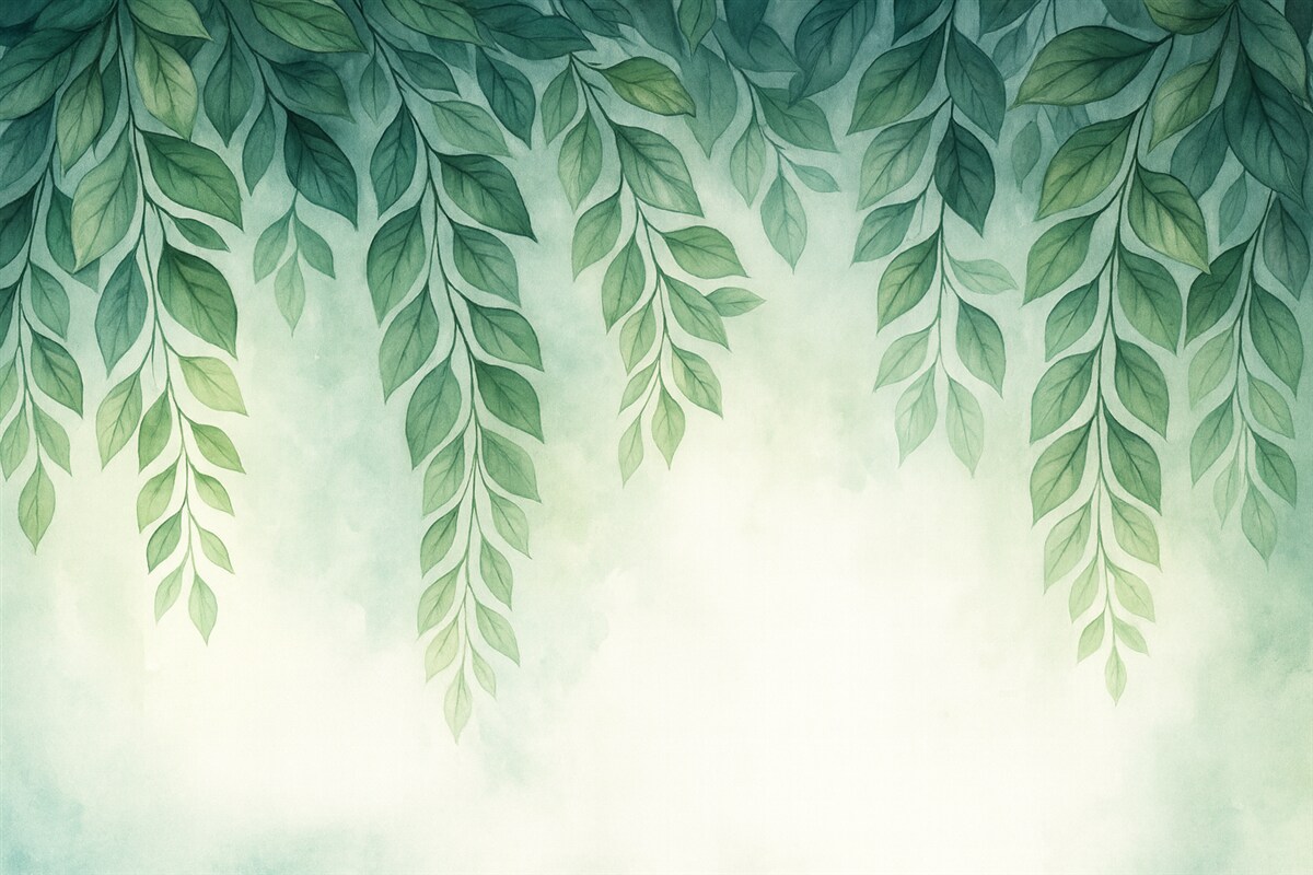 Fototapeta liście w odcieniach zieleni w stylu akwarelowym opadające z góry