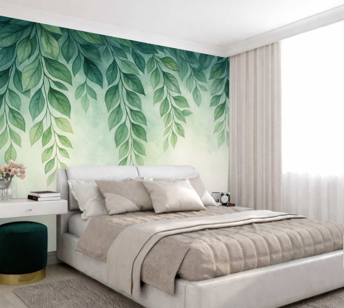 Fototapeta liście w odcieniach zieleni w stylu akwarelowym opadające z góry