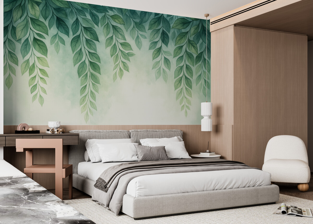 Fototapeta liście w odcieniach zieleni w stylu akwarelowym opadające z góry