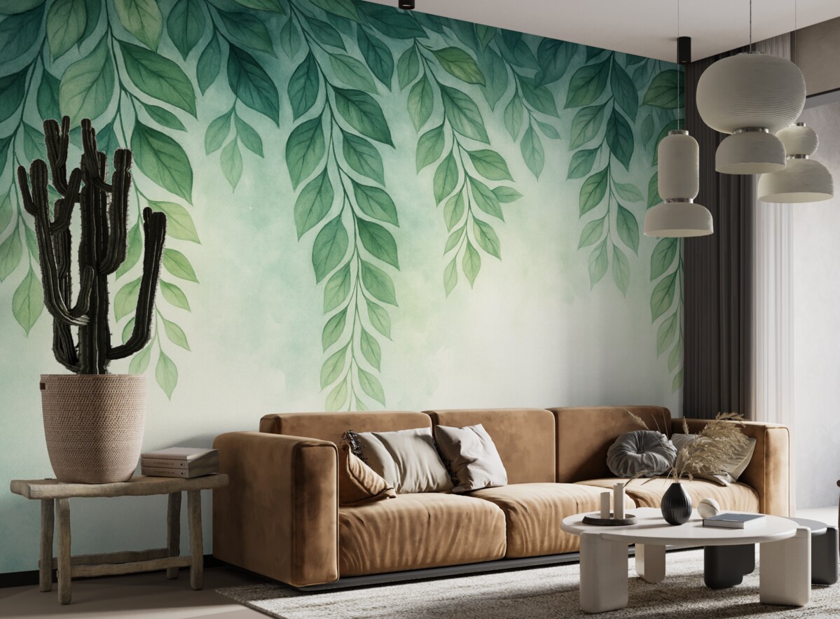 Fototapeta liście w odcieniach zieleni w stylu akwarelowym opadające z góry