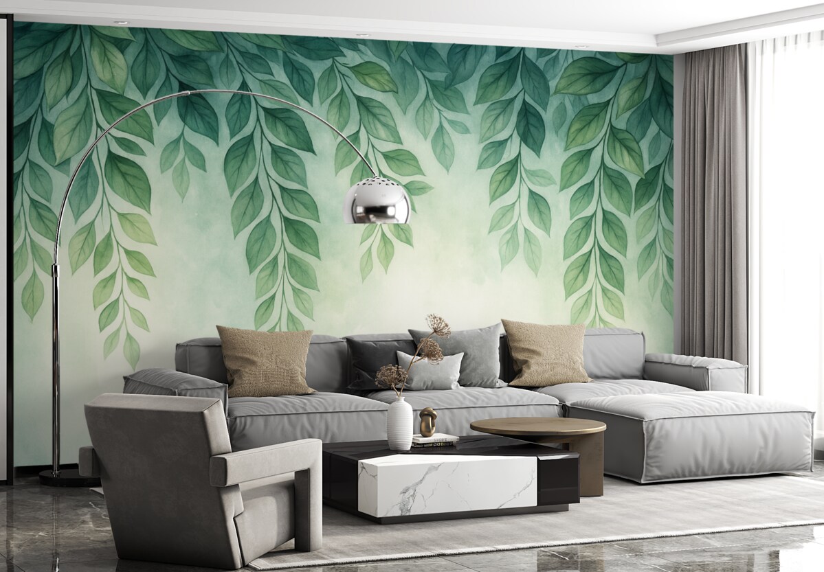 Fototapeta liście w odcieniach zieleni w stylu akwarelowym opadające z góry