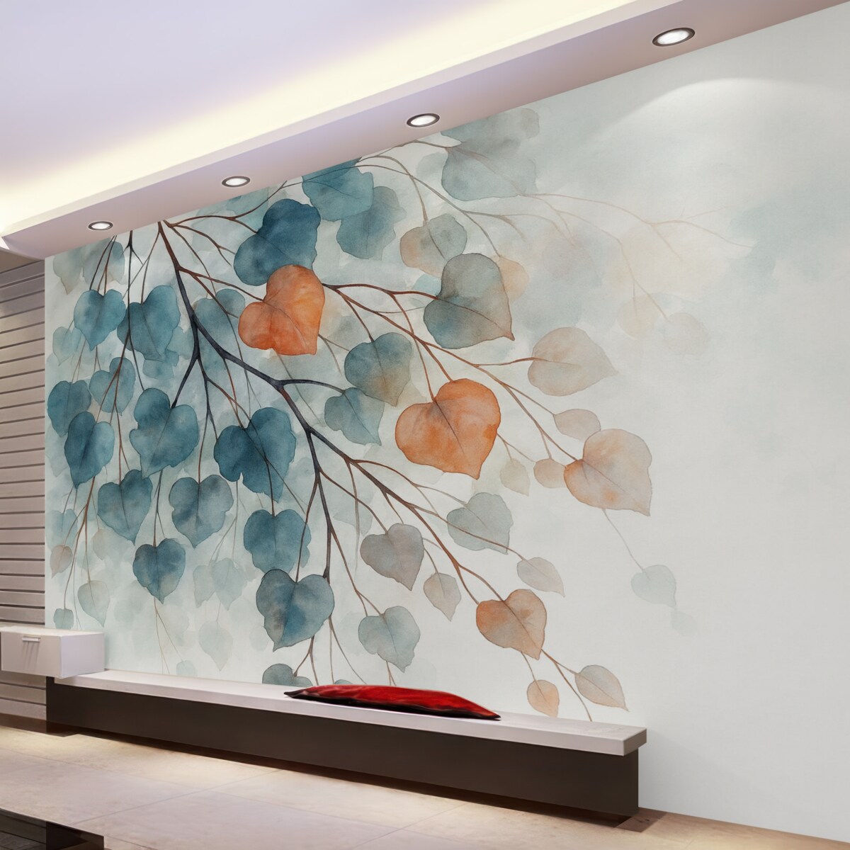 Fototapeta Gałązka z liśćmi przypomina rozmytą akwarelę.