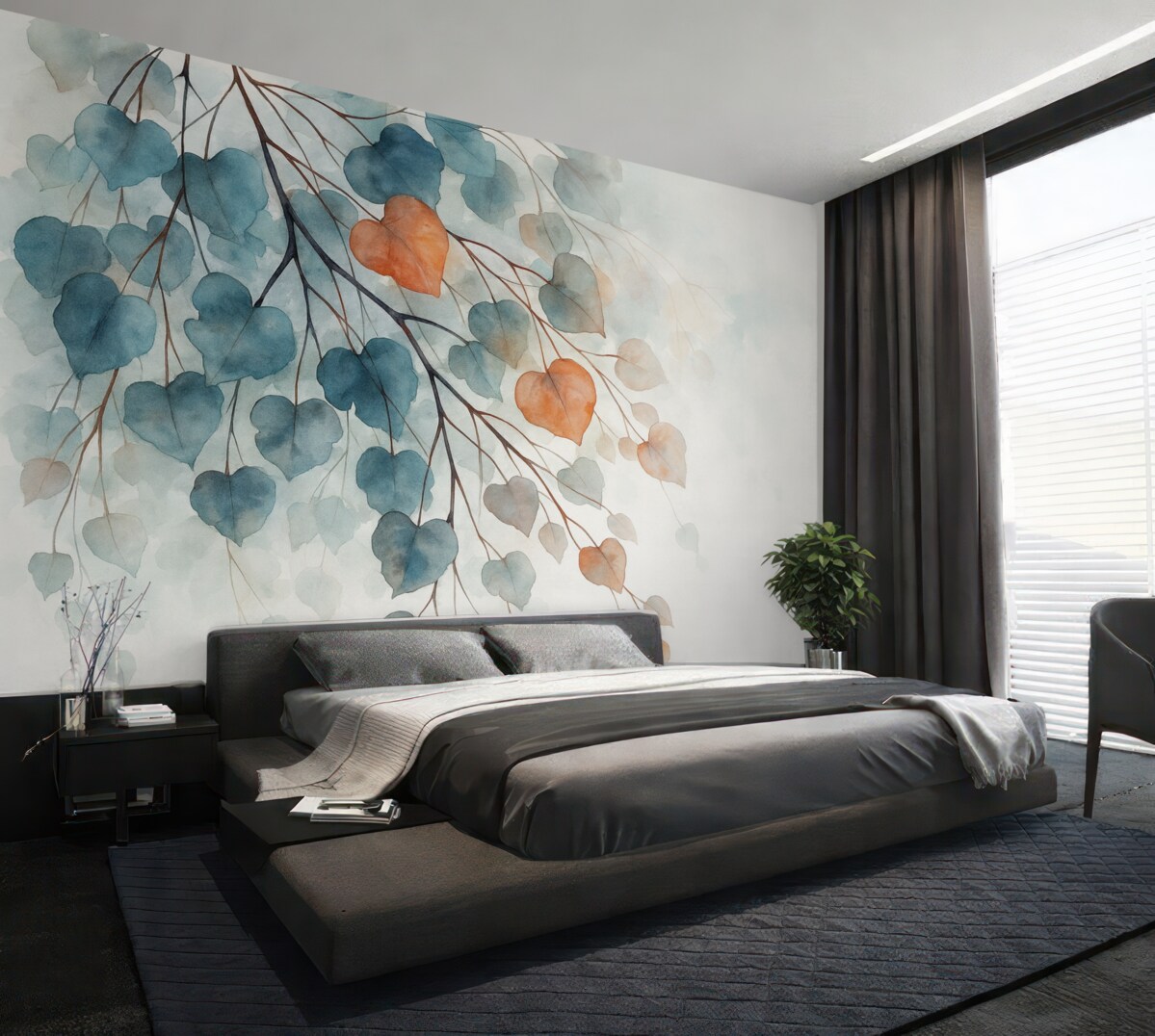 Fototapeta Gałązka z liśćmi przypomina rozmytą akwarelę.