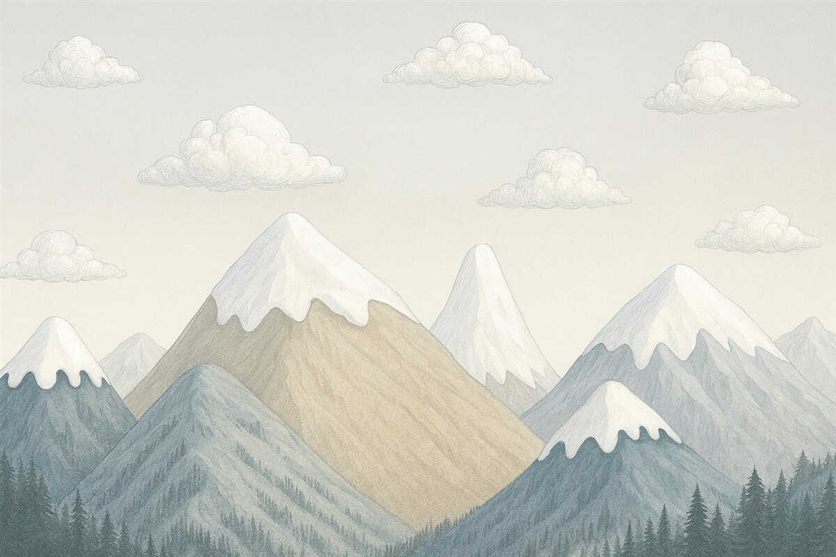 Fototapeta Minimalistyczny górski pejzaż z przykrytymi śniegiem szczytami w stonowanych odcieniach szaro-niebieskich oraz beżowych, wzbogacony o drobne chmurki.