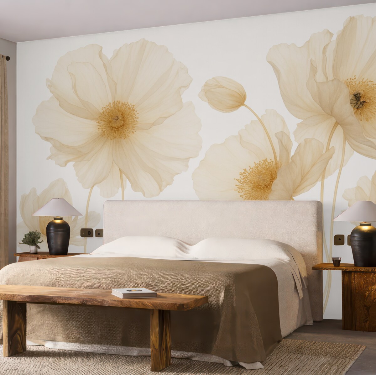 Fototapeta Półprzezroczyste kwiaty w subtelnych beżowo-pomarańczowych tonach na jasnym tle, nadające wrażenie lekkości i szyku.