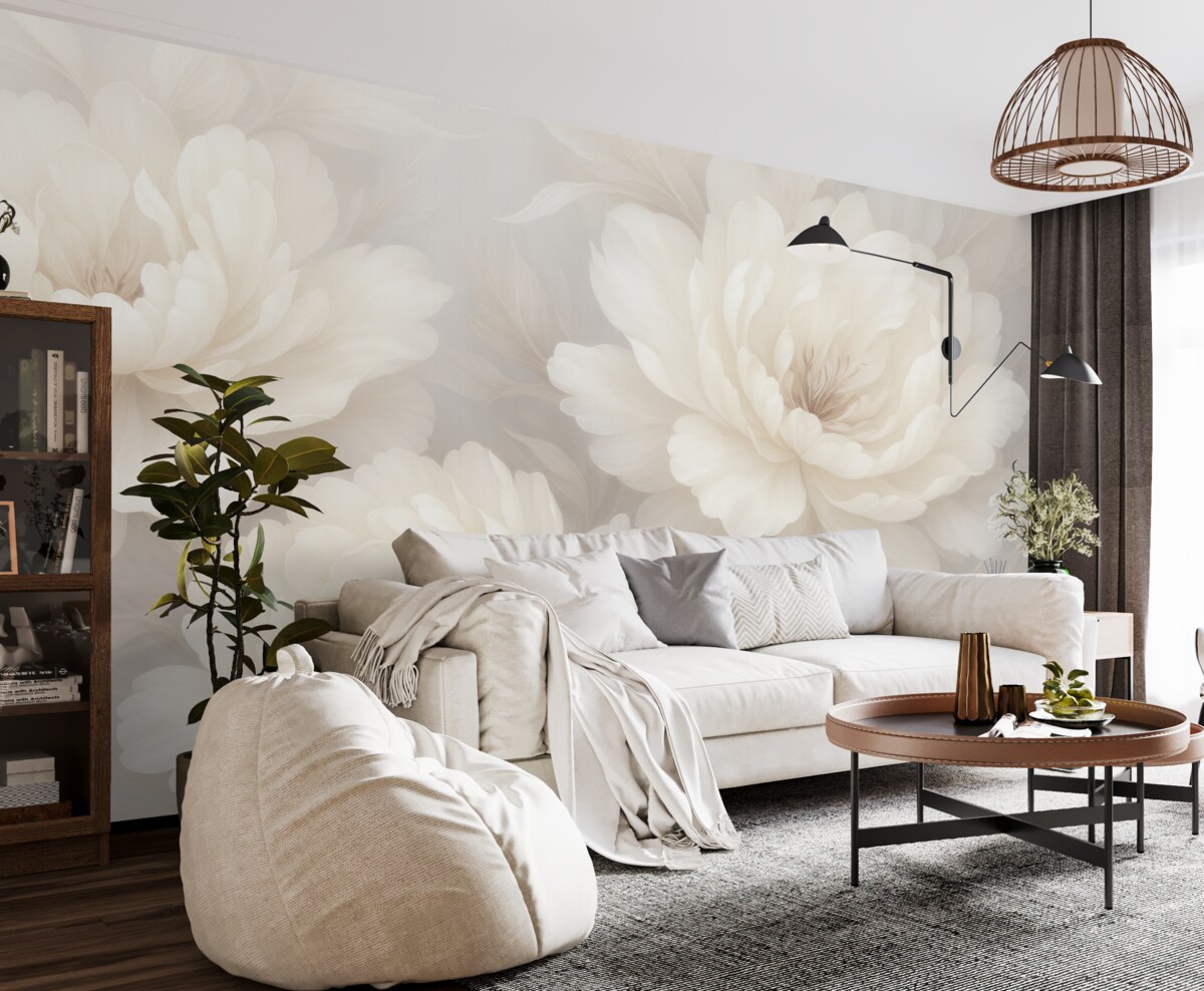 Fototapeta Subtelne, szerokie kwiaty w lekkich kremowo-białych tonach na stonowanym tle.