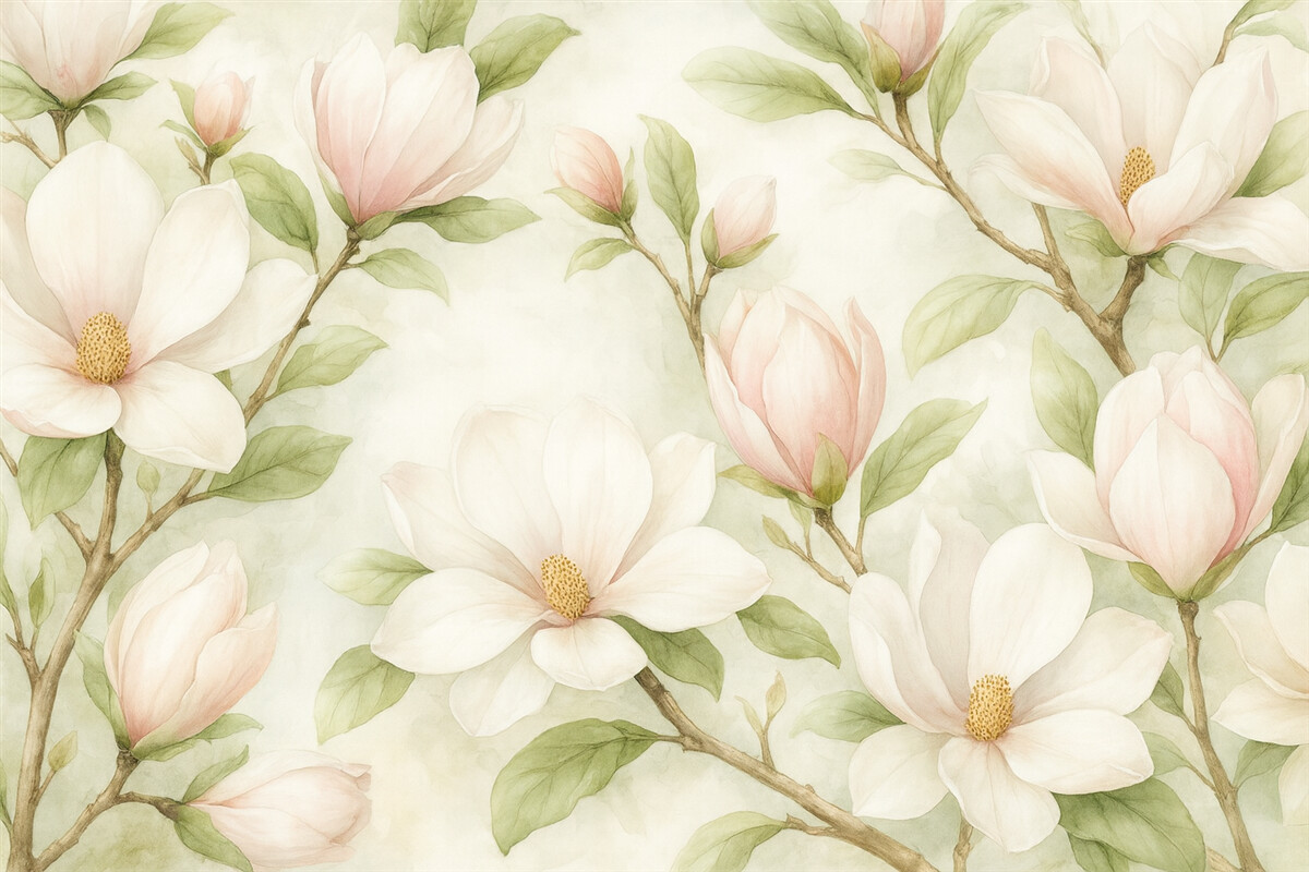 Fototapeta Stylowe gałęzie magnolii z subtelnymi biało-różowymi kwiatami oraz zielonymi liśćmi na jasnym tle.