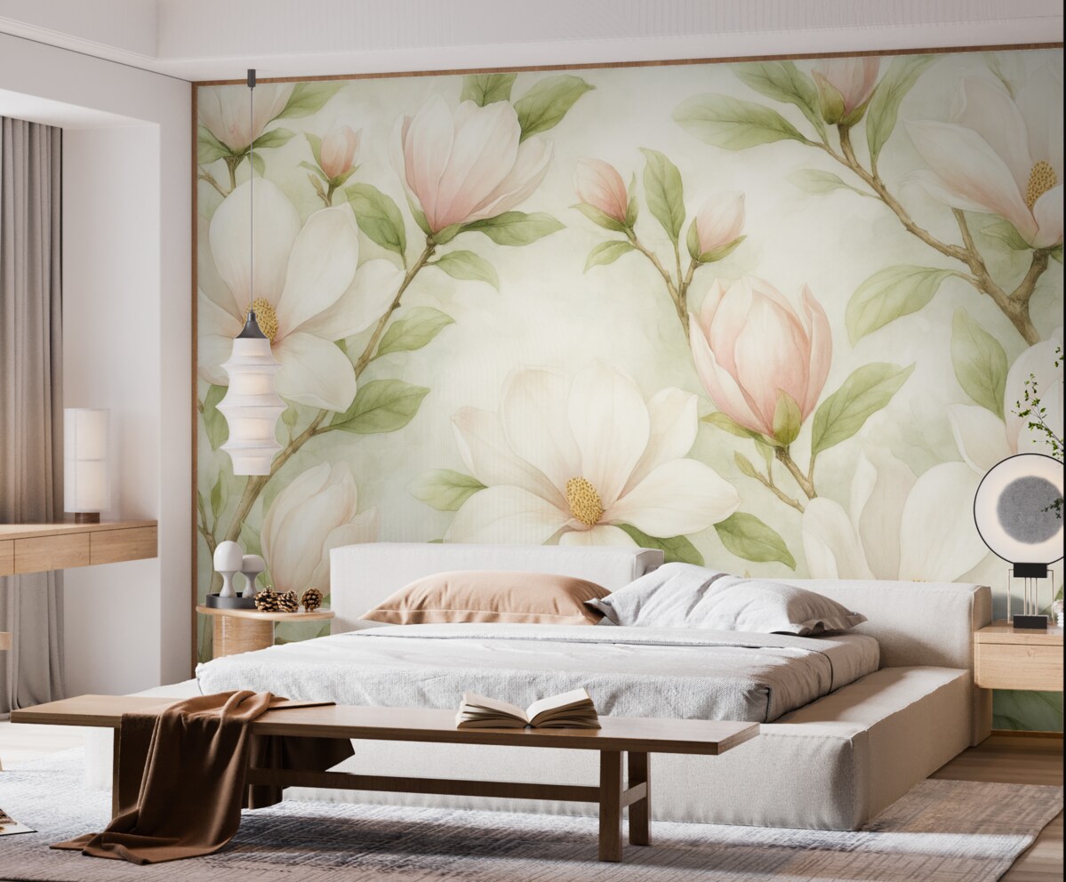 Fototapeta Stylowe gałęzie magnolii z subtelnymi biało-różowymi kwiatami oraz zielonymi liśćmi na jasnym tle.