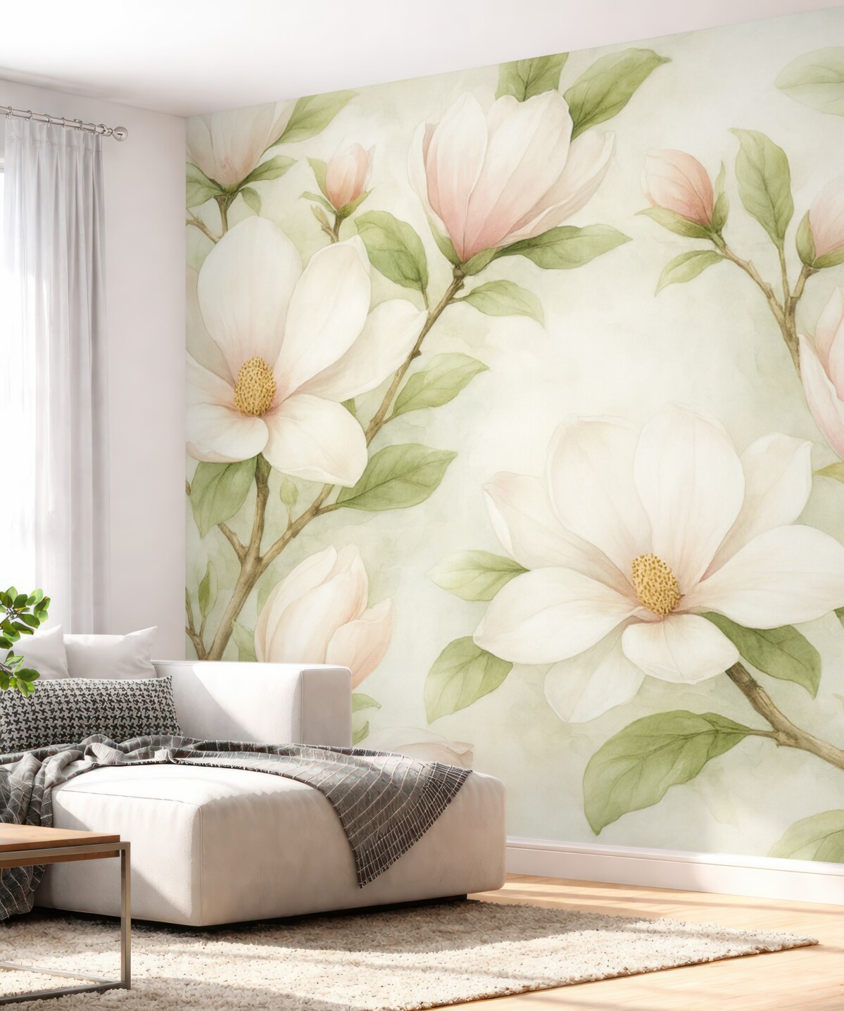 Fototapeta Stylowe gałęzie magnolii z subtelnymi biało-różowymi kwiatami oraz zielonymi liśćmi na jasnym tle.