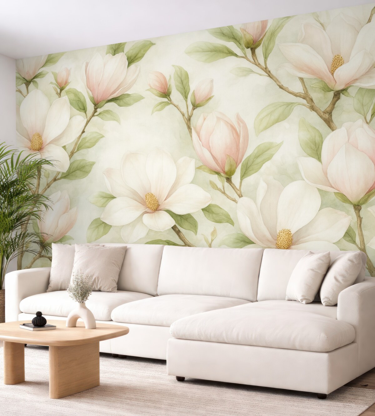 Fototapeta Stylowe gałęzie magnolii z subtelnymi biało-różowymi kwiatami oraz zielonymi liśćmi na jasnym tle.