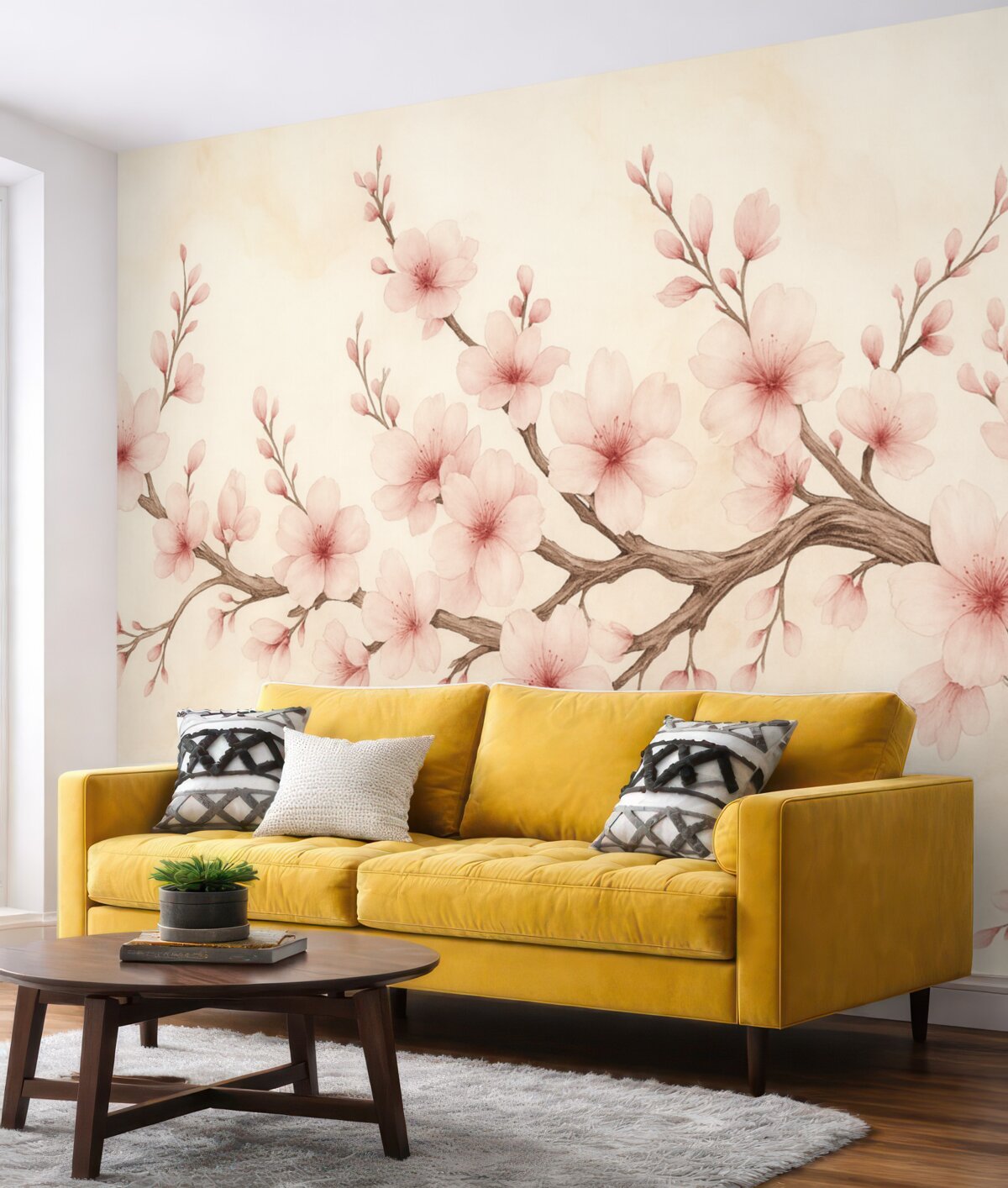 Fototapeta Cienka gałązka kwiatu wiśni z delikatnymi różowymi kwiatami na jasnym tle.