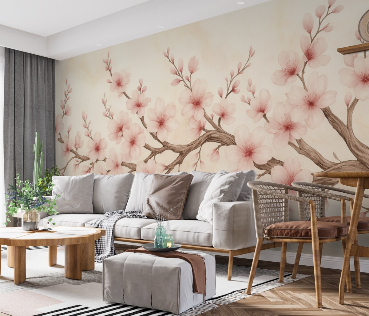 Fototapeta Cienka gałązka kwiatu wiśni z delikatnymi różowymi kwiatami na jasnym tle.