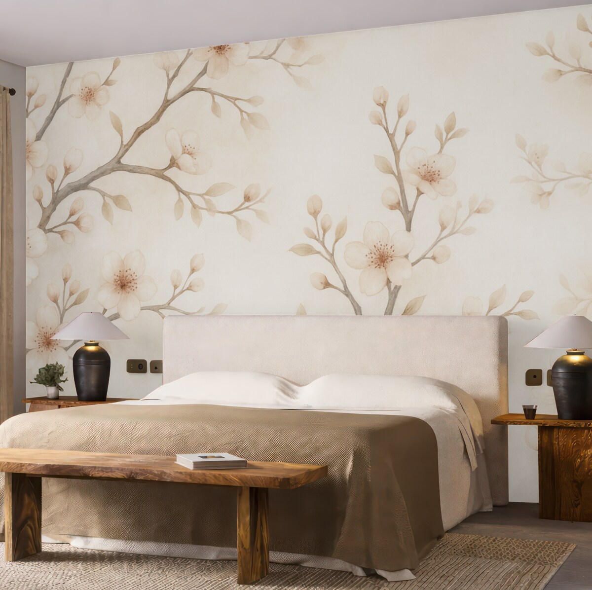 Fototapeta Subtelne gałązki kwitnącej sakury z delikatnymi różowymi płatkami na jasnym tle.