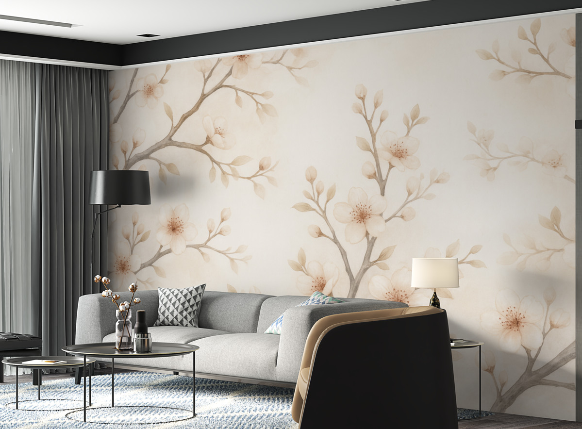 Fototapeta Subtelne gałązki kwitnącej sakury z delikatnymi różowymi płatkami na jasnym tle.