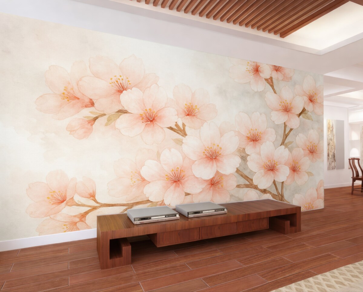 Fototapeta Łagodne gałązki z różowymi kwiatami.