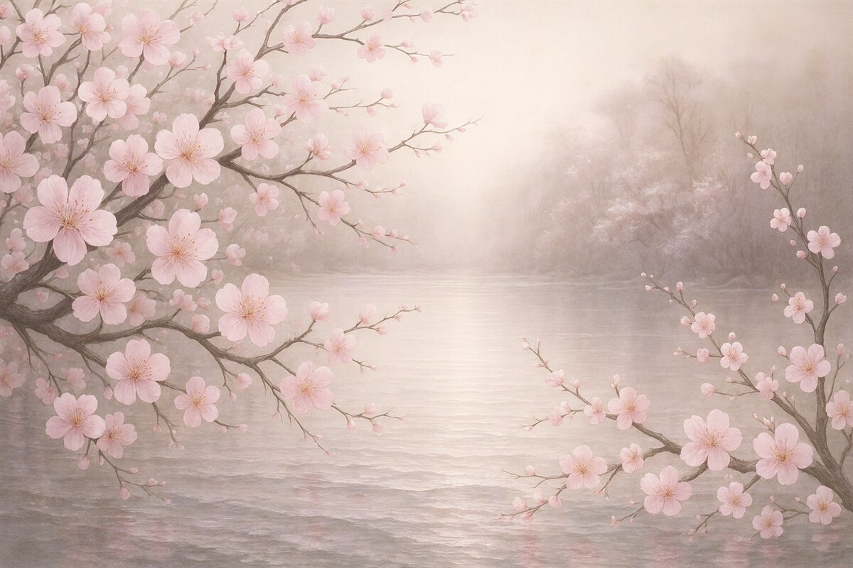 Fototapeta Różowe kwitnące drzewa na tle porannego słońca.