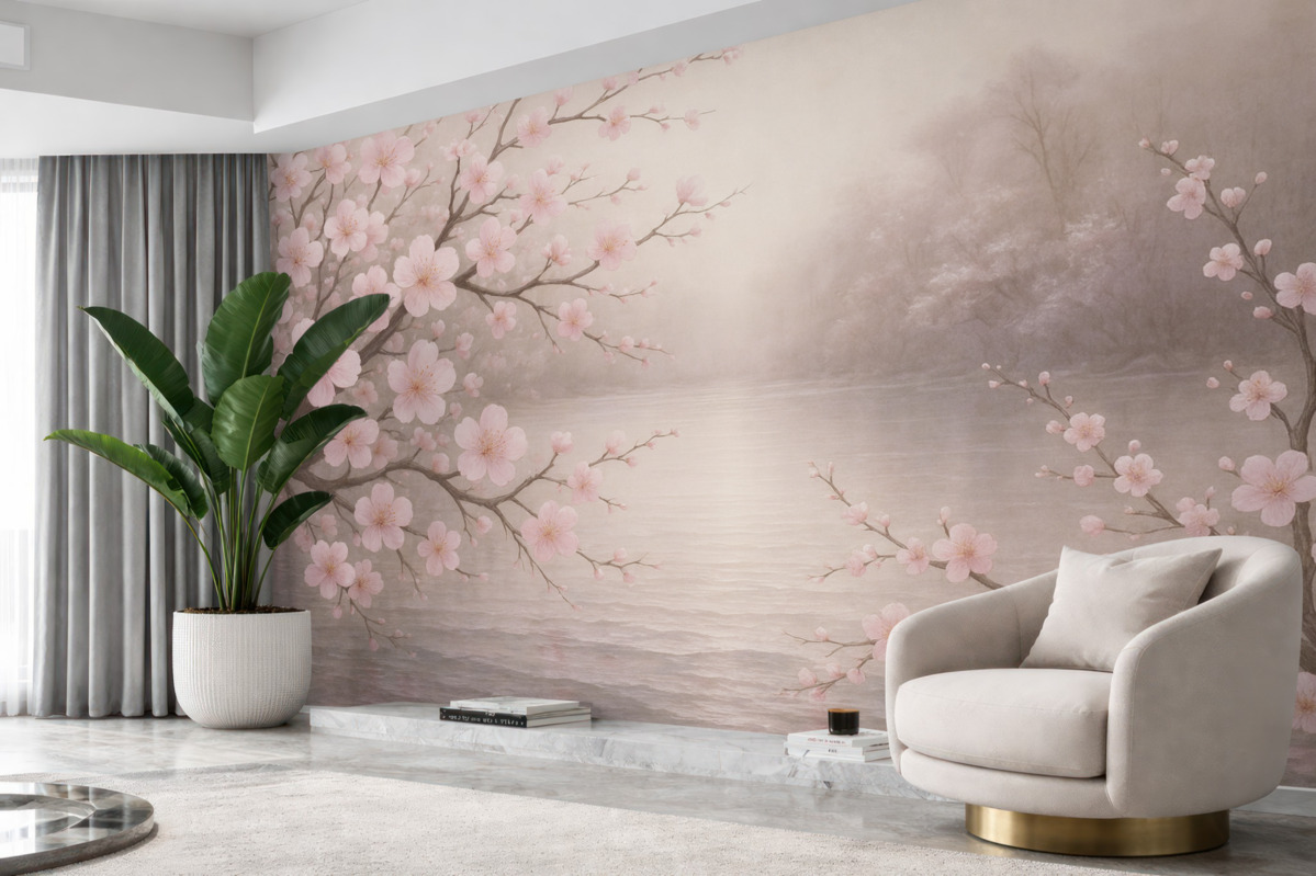 Fototapeta Różowe kwitnące drzewa na tle porannego słońca.