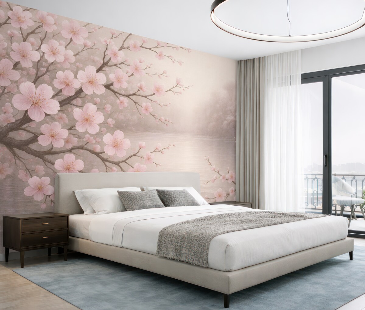 Fototapeta Różowe kwitnące drzewa na tle porannego słońca.